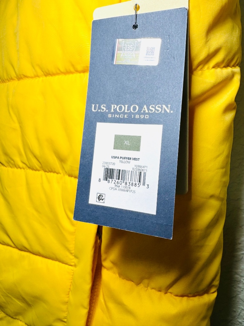 U.S. Polo Assn. Men's XL Puffer Vest Butter Yellow Quilted Midweight Zip New - Picture 3 of 12